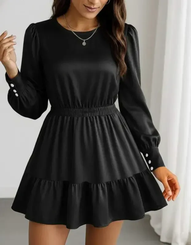 Women's Long Sleeve Crew Neck Elastic Waist Ruffled Imported Crepe Dress - BÜYÜKBEDENIZ