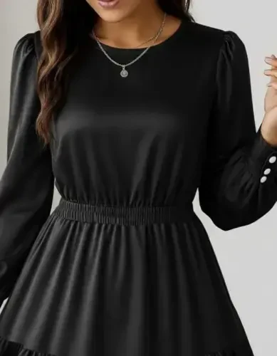 Women's Long Sleeve Crew Neck Elastic Waist Ruffled Imported Crepe Dress - BÜYÜKBEDENIZ (1)