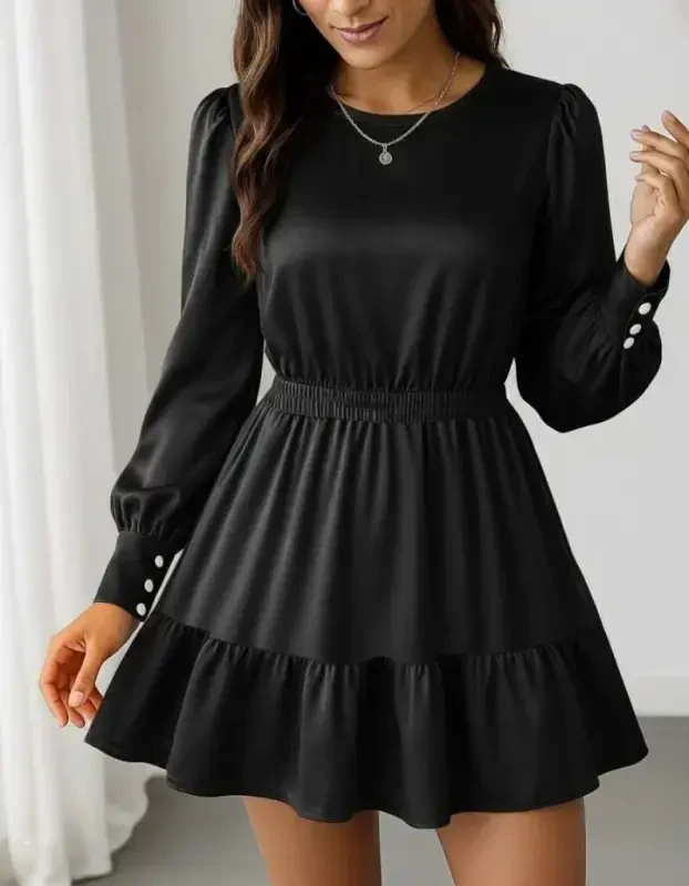 Women's Long Sleeve Crew Neck Elastic Waist Ruffled Imported Crepe Dress - 3