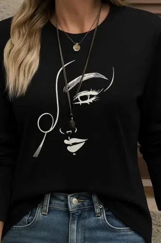 Women's Long Sleeve Crew Neck Face Patterned Viscose Blouse - 2