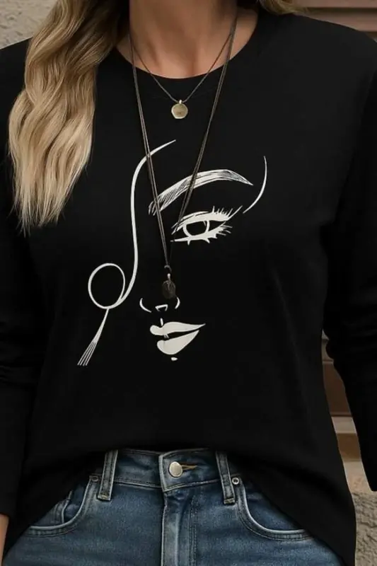 Women's Long Sleeve Crew Neck Face Patterned Viscose Blouse - 2