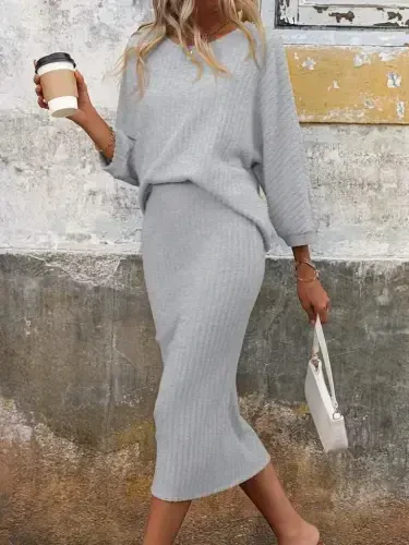 Women's Long Sleeve Crew Neck Fleece Lined Rib Knit Blouse and Skirt Set - 1