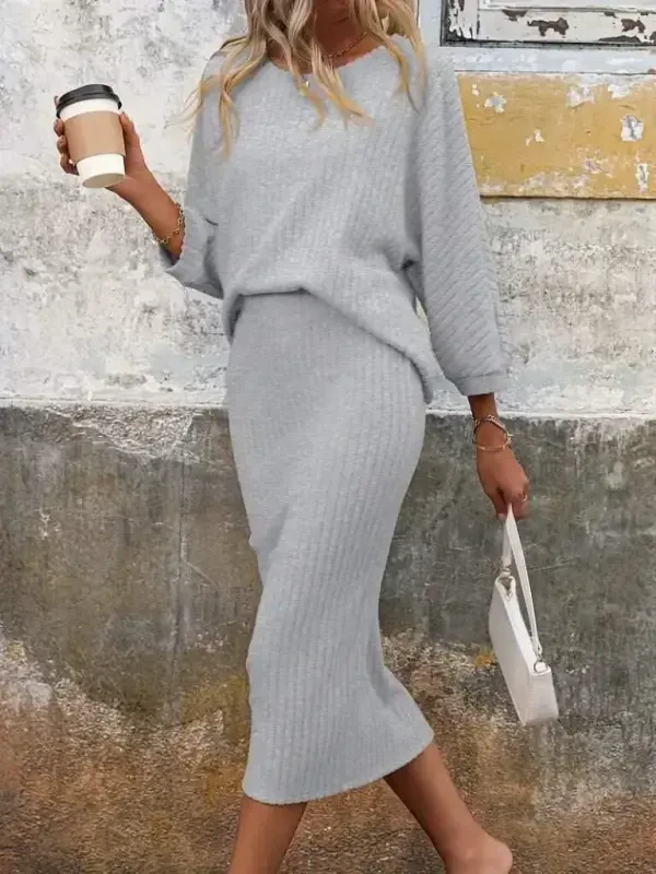 Women's Long Sleeve Crew Neck Fleece Lined Rib Knit Blouse and Skirt Set - BÜYÜKBEDENIZ