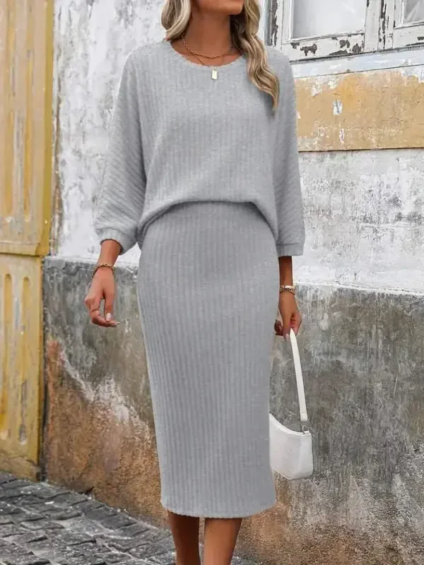 Women's Long Sleeve Crew Neck Fleece Lined Rib Knit Blouse and Skirt Set - 2