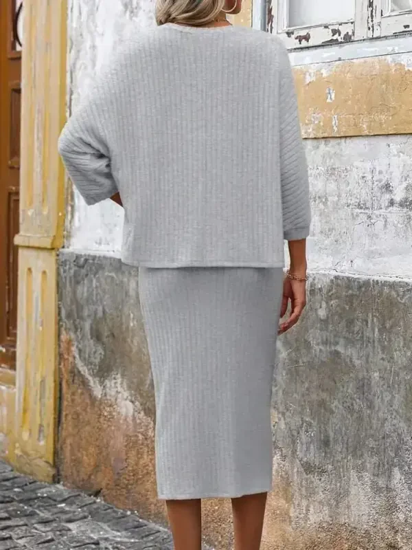 Women's Long Sleeve Crew Neck Fleece Lined Rib Knit Blouse and Skirt Set - 6