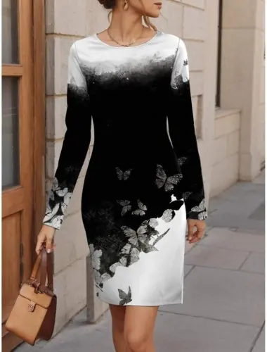 Women's Long Sleeve Crew Neck Floral Patterned Short Brushed Scuba Dress - 1