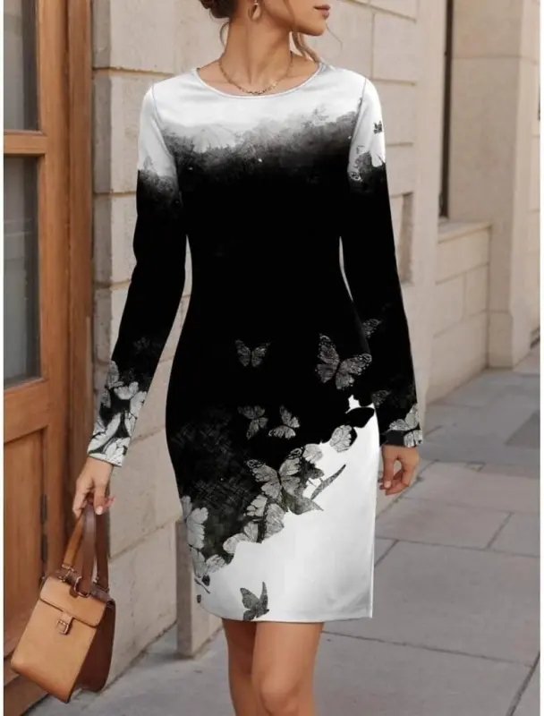 Women's Long Sleeve Crew Neck Floral Patterned Short Brushed Scuba Dress - 1