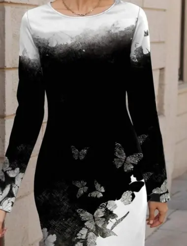 Women's Long Sleeve Crew Neck Floral Patterned Short Brushed Scuba Dress - BÜYÜKBEDENIZ (1)