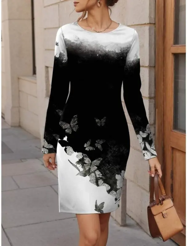 Women's Long Sleeve Crew Neck Floral Patterned Short Brushed Scuba Dress - 3