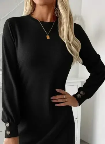 Women's Long Sleeve Crew Neck Front Asymmetric Cut Detailed Mini Soft Dress - BÜYÜKBEDENIZ (1)