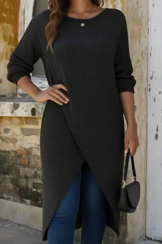 Women's Long Sleeve Crew Neck Front Crisscross Cutout Detail Midi Knit Dress - 2
