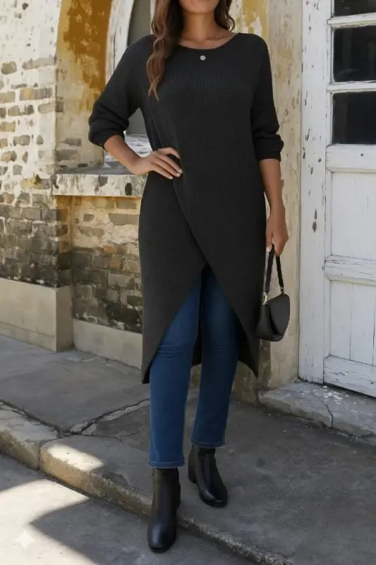 Women's Long Sleeve Crew Neck Front Crisscross Cutout Detail Midi Knit Dress - 3