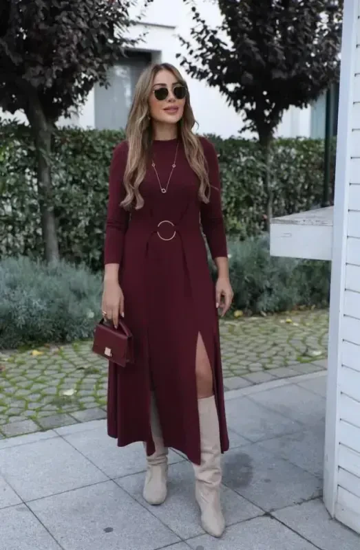 Women's Long Sleeve Crew Neck Front Ring Detailed Slit Long Viscose Two Thread Dress - BÜYÜKBEDENIZ