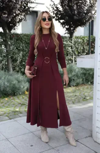 Women's Long Sleeve Crew Neck Front Ring Detailed Slit Long Viscose Two Thread Dress - 3