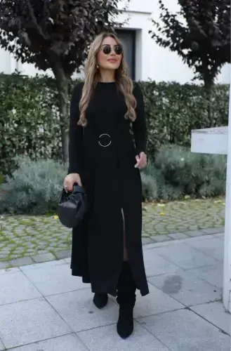 Women's Long Sleeve Crew Neck Front Ring Detailed Slit Long Viscose Two Thread Dress - 1