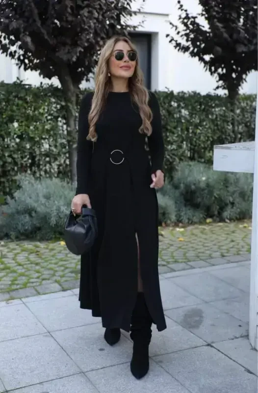 Women's Long Sleeve Crew Neck Front Ring Detailed Slit Long Viscose Two Thread Dress - 1