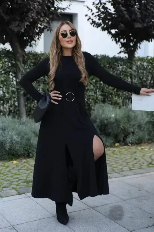 Women's Long Sleeve Crew Neck Front Ring Detailed Slit Long Viscose Two Thread Dress - 2