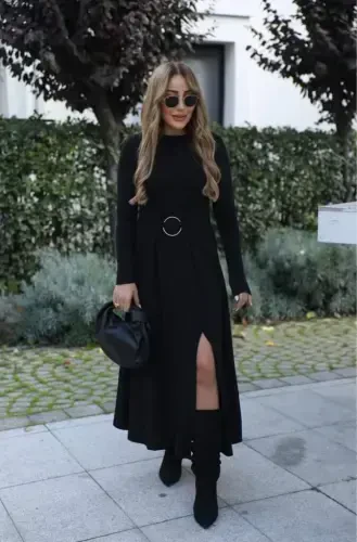 Women's Long Sleeve Crew Neck Front Ring Detailed Slit Long Viscose Two Thread Dress - 4