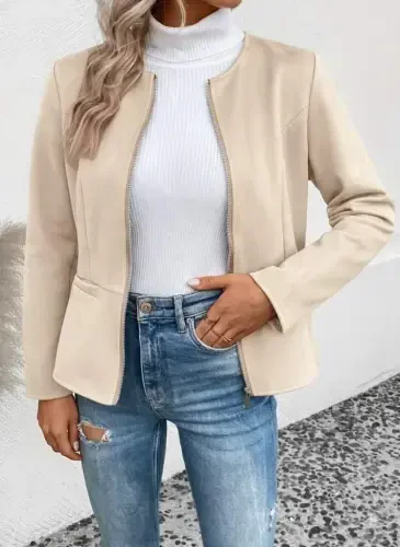 Women's Long Sleeve Crew Neck Front Zip-Up Suede Jacket - 1