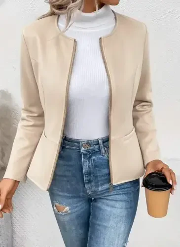 Women's Long Sleeve Crew Neck Front Zip-Up Suede Jacket - BÜYÜKBEDENIZ (1)