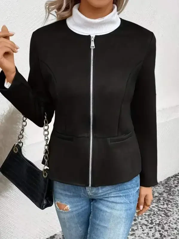 Women's Long Sleeve Crew Neck Front Zipper Suede Jacket - 3