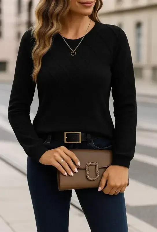 Women's Long Sleeve Crew Neck Geometric Patterned Knitted Blouse - 1