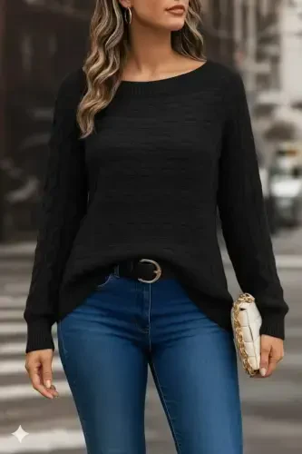 Women's Long Sleeve Crew Neck Geometric Patterned Knitted Blouse - 3