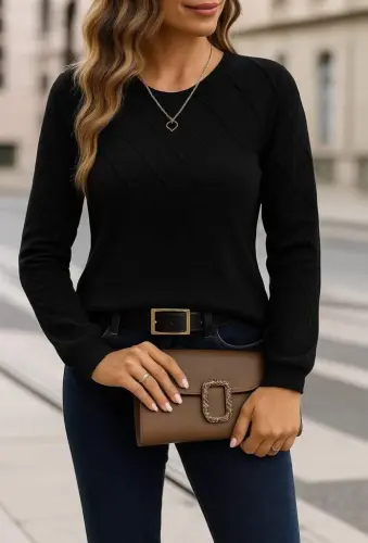Women's Long Sleeve Crew Neck Geometric Patterned Knitted Blouse - 1