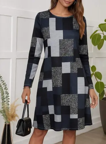 Women's Long Sleeve Crew Neck Geometric Supima Dress - 1