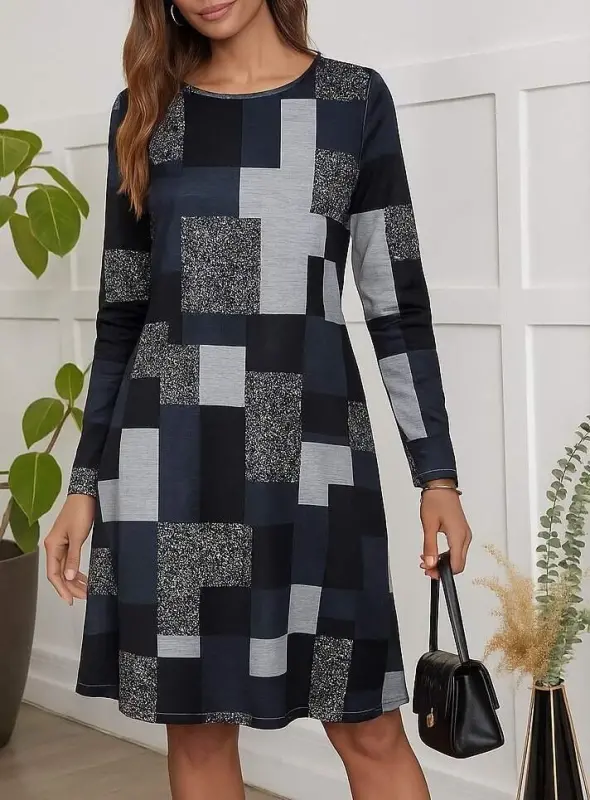 Women's Long Sleeve Crew Neck Geometric Supima Dress - 3