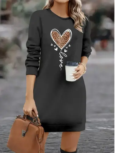 Women's Long Sleeve Crew Neck Heart Patterned Short Viscose Dress - 1