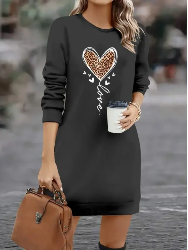 Women's Long Sleeve Crew Neck Heart Patterned Short Viscose Dress - 1