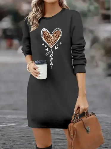 Women's Long Sleeve Crew Neck Heart Patterned Short Viscose Dress - 3