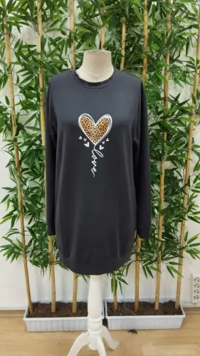 Women's Long Sleeve Crew Neck Heart Patterned Short Viscose Dress - 4