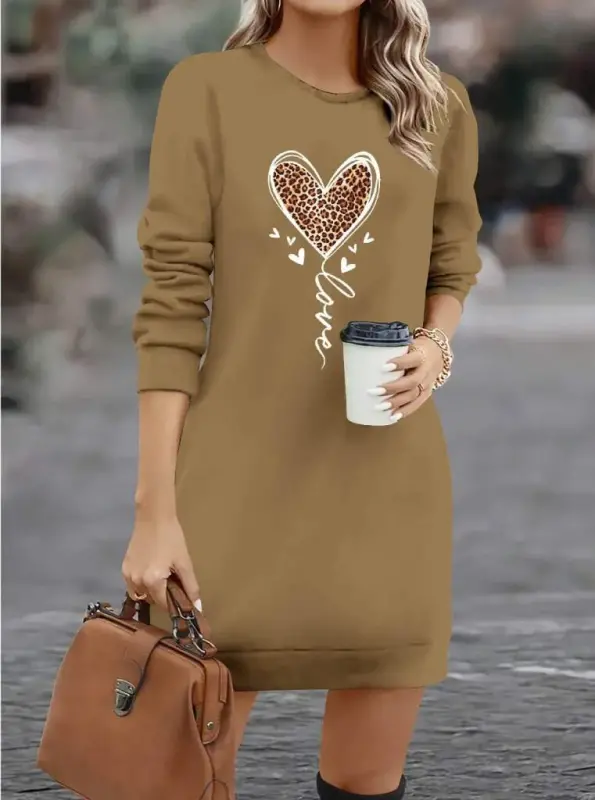 Women's Long Sleeve Crew Neck Heart Patterned Short Viscose Dress - BÜYÜKBEDENIZ