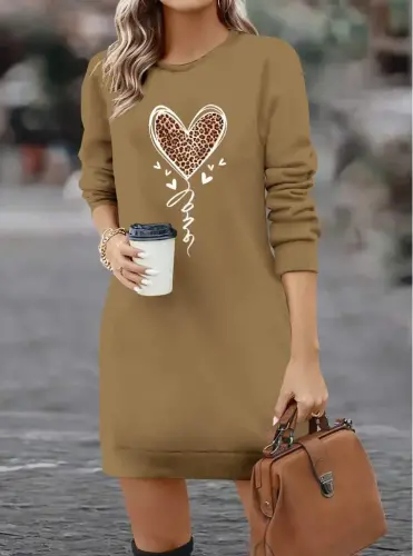 Women's Long Sleeve Crew Neck Heart Patterned Short Viscose Dress - 3