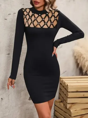 Women's Long Sleeve Crew Neck Laser Cut Pearl Detail Viscose Two Thread Mini Dress - 5