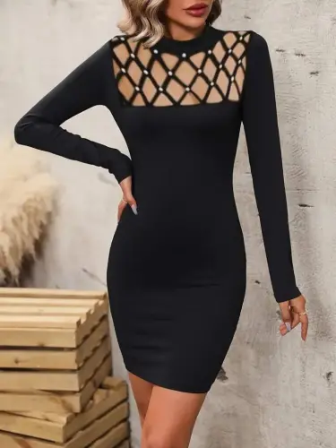 Women's Long Sleeve Crew Neck Laser Cut Pearl Detail Viscose Two Thread Mini Dress - 1