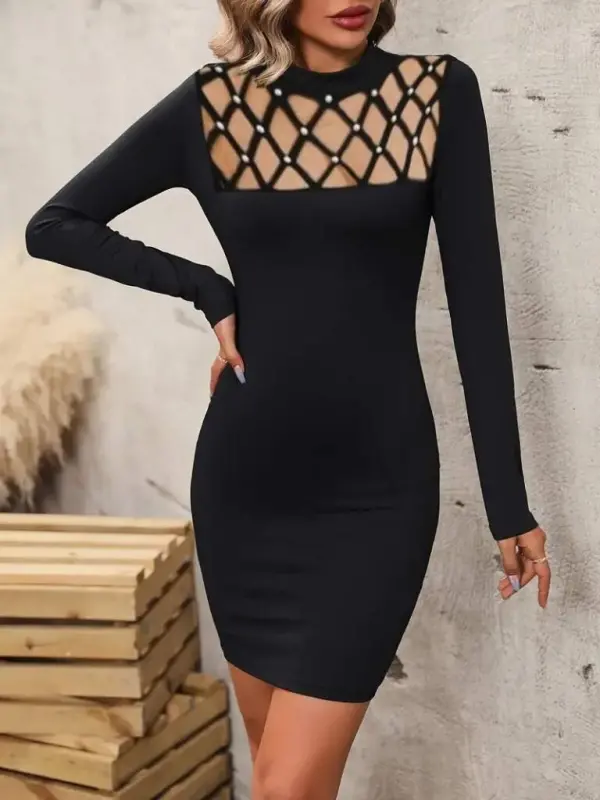 Women's Long Sleeve Crew Neck Laser Cut Pearl Detail Viscose Two Thread Mini Dress - 1