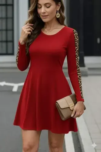 Women's Long Sleeve Crew Neck Leopard Detail Two Thread Mini Dress - 1