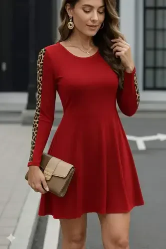 Women's Long Sleeve Crew Neck Leopard Detail Two Thread Mini Dress - 3