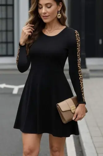 Women's Long Sleeve Crew Neck Leopard Detail Two Thread Mini Dress - 1