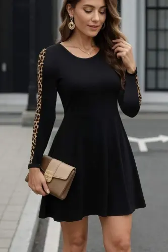 Women's Long Sleeve Crew Neck Leopard Detail Two Thread Mini Dress - 3