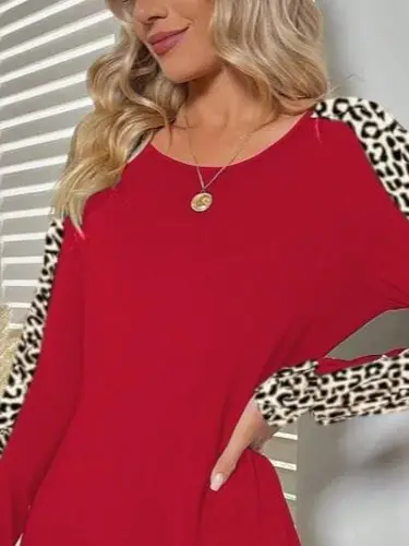Women's Long Sleeve Crew Neck Leopard Detail Two-Thread Mini Dress - 2