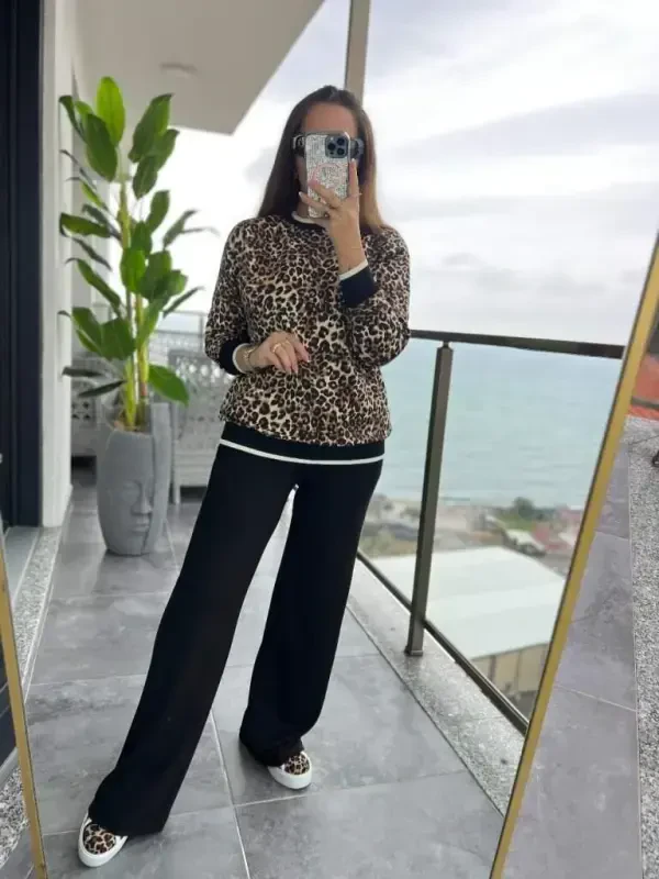 Women's Long Sleeve Crew Neck Leopard Print Two Thread Blouse and Viscose Two Thread Pants Set - 4