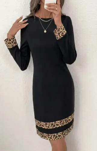 Women's Long Sleeve Crew Neck Mini Imported Crepe Dress - 3