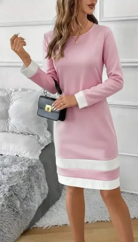 Women's Long Sleeve Crew Neck Mini Scuba Dress with Striped Hem Detail - 2