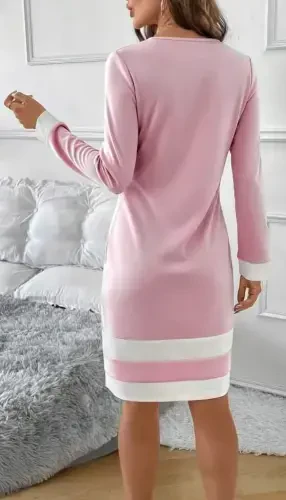 Women's Long Sleeve Crew Neck Mini Scuba Dress with Striped Hem Detail - 3