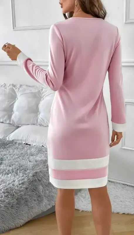 Women's Long Sleeve Crew Neck Mini Scuba Dress with Striped Hem Detail - 3