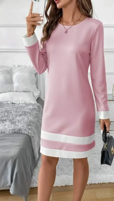 Women's Long Sleeve Crew Neck Mini Scuba Dress with Striped Hem Detail - 2